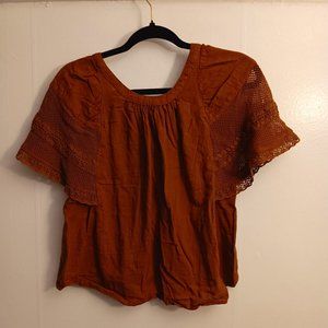 Crochet flutter-sleeve dark orange-ish brown boho top